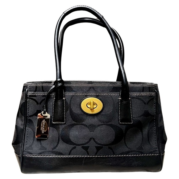 Coach. EUC. "Madeline Hampton" Handbag. Signature Black Jacquard Canvas.15"X7.5" - Picture 1 of 11